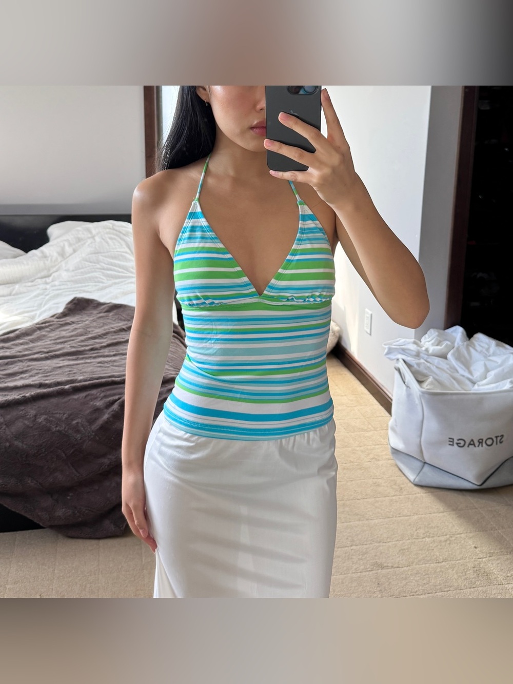 Y2K blue, green, and white striped Tommy Hilfiger halter top/ tankini